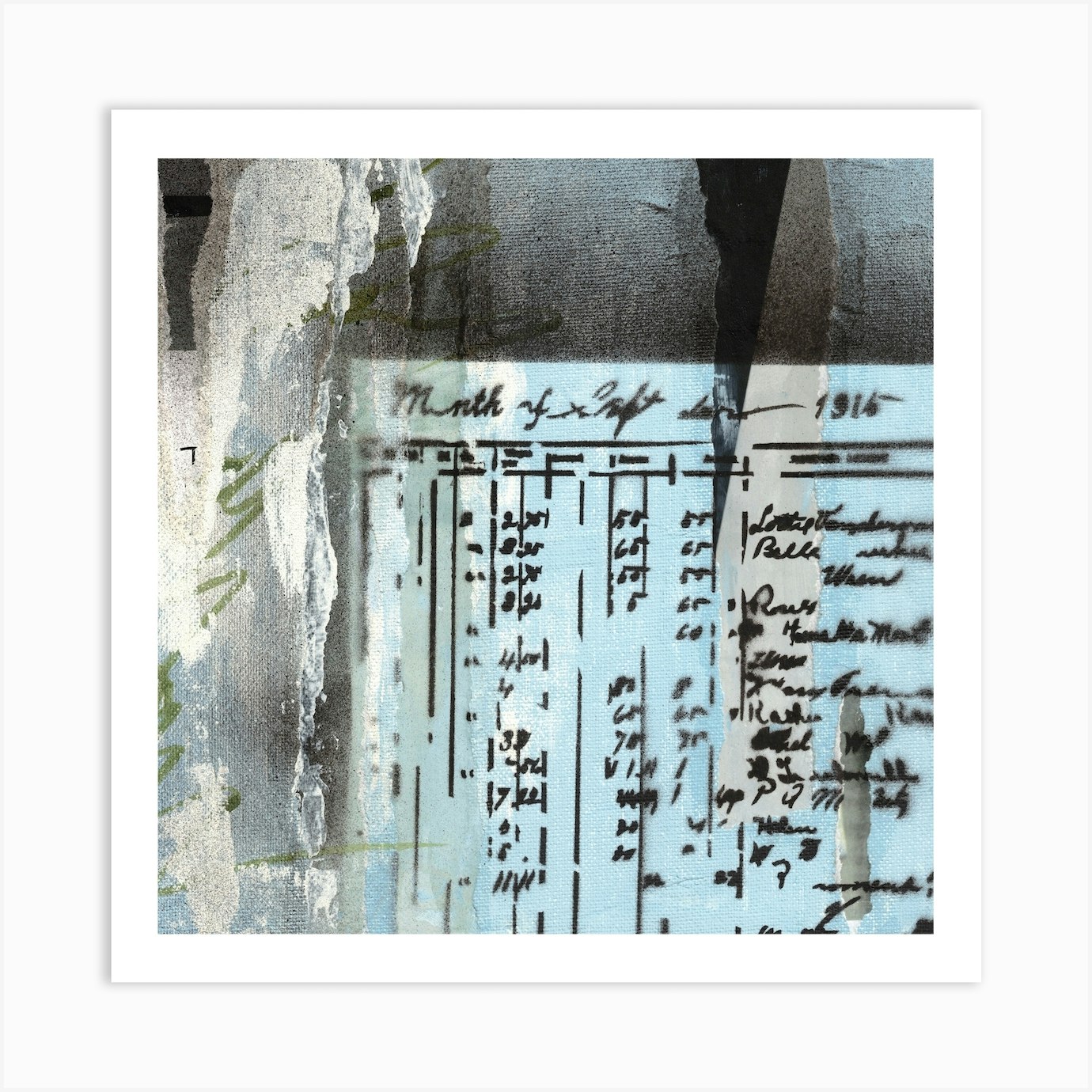 1915 Analog Collage Mixed Media Writing Blue Art Print by Kris Campbell