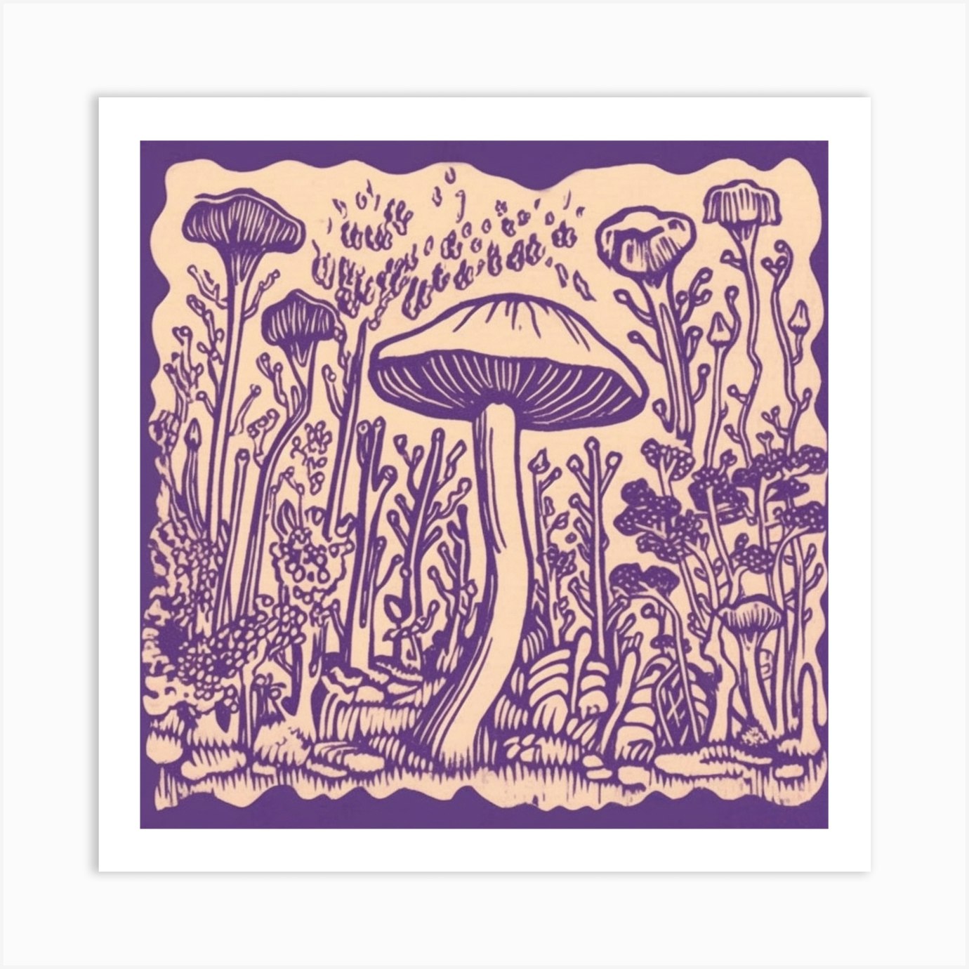 Mushroom Woodcut Purple 5 Art Print by Enchanted Prints - Fy