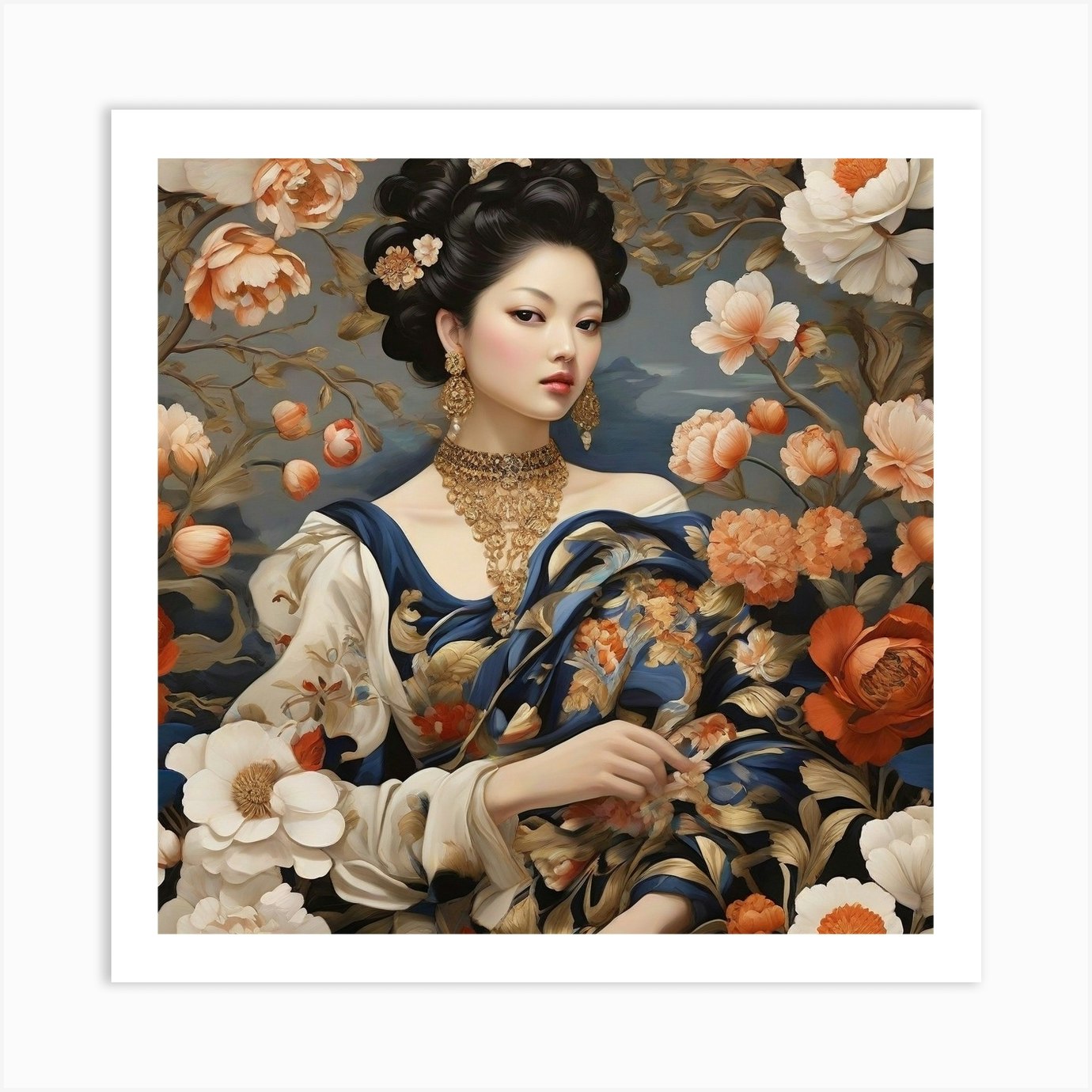 Chinese Woman With Flowers Art Print By Karim - Fy