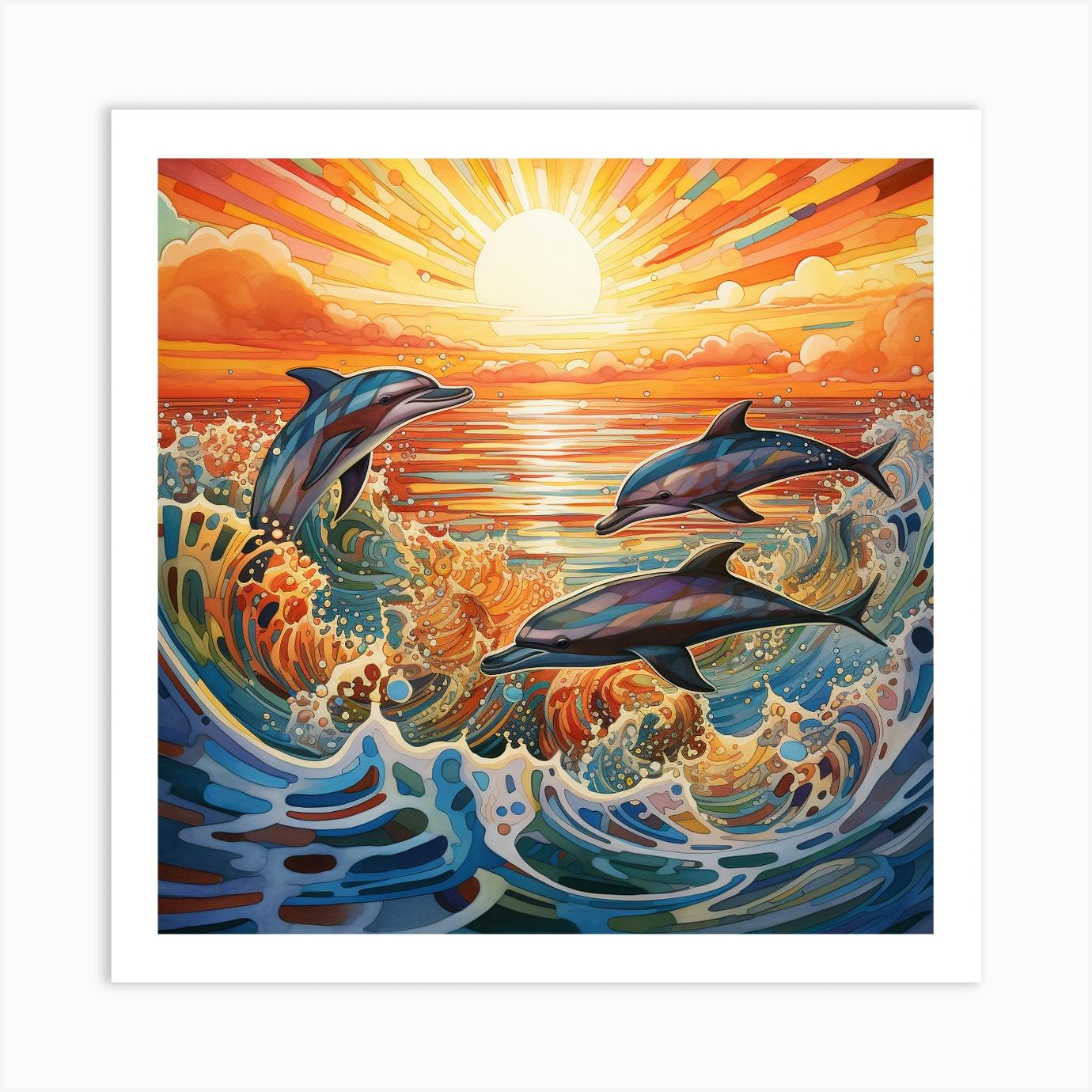 Dolphin Sunset Colorful Wall Art Illustration Watercolor factory Oil Painting Print