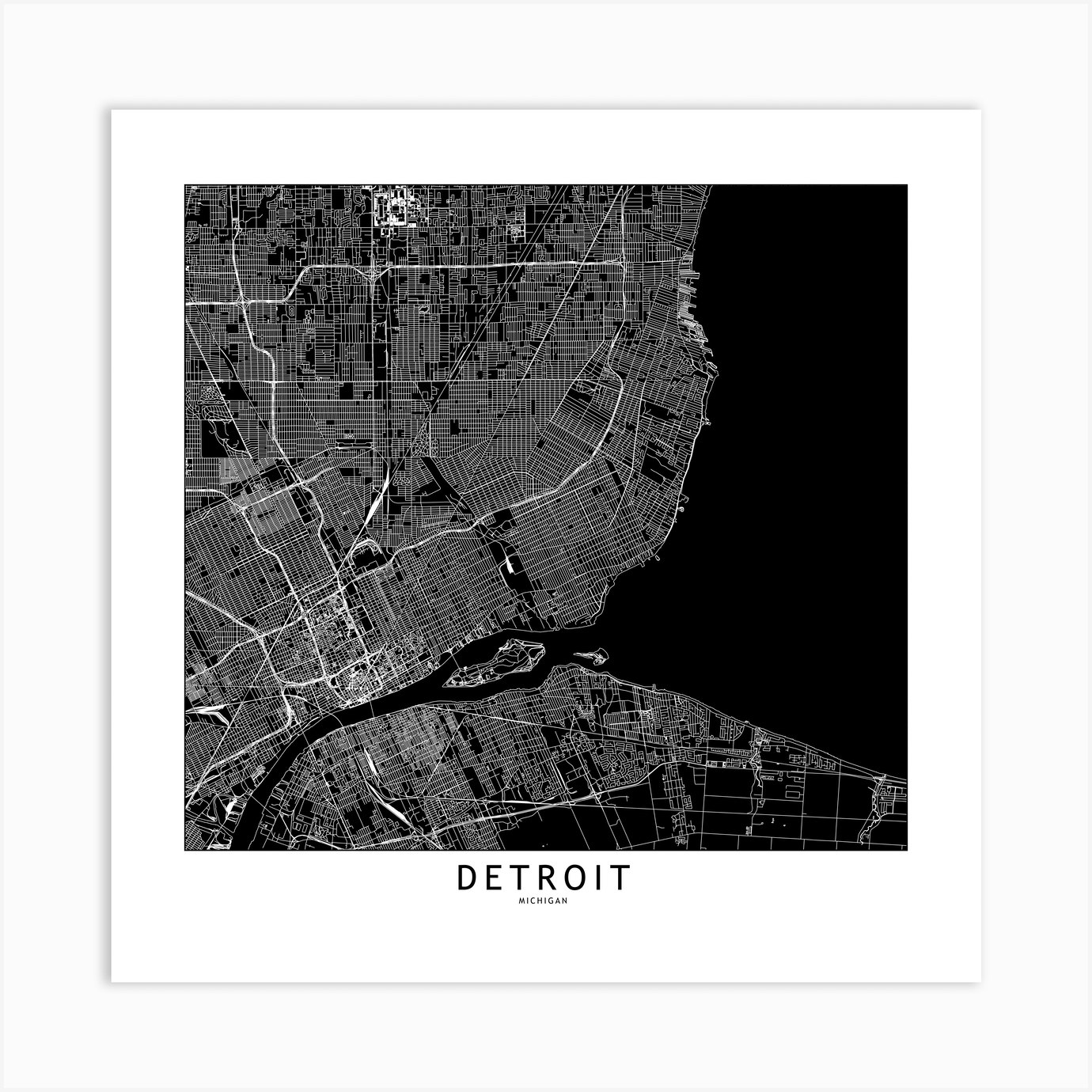 Detroit Black And White Map Square Art Print By Multiplicity - Fy