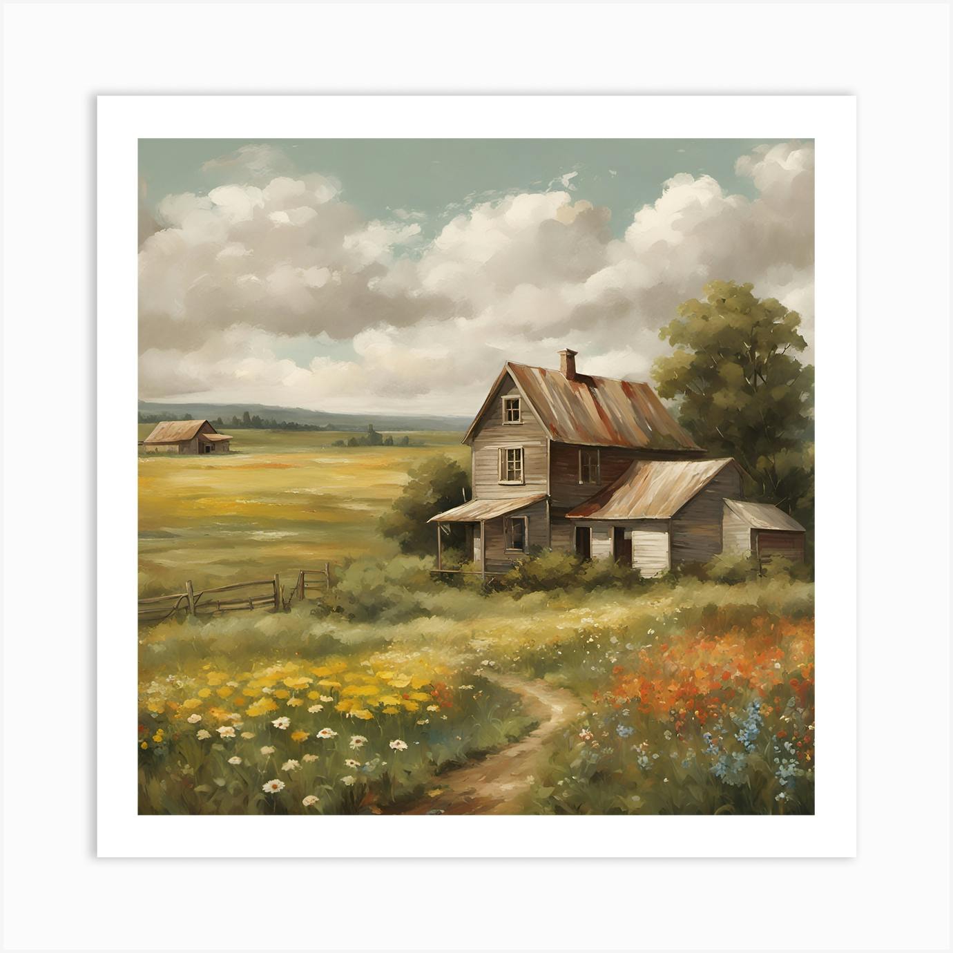 Vntage Painting Original Artwork House In deals A Field