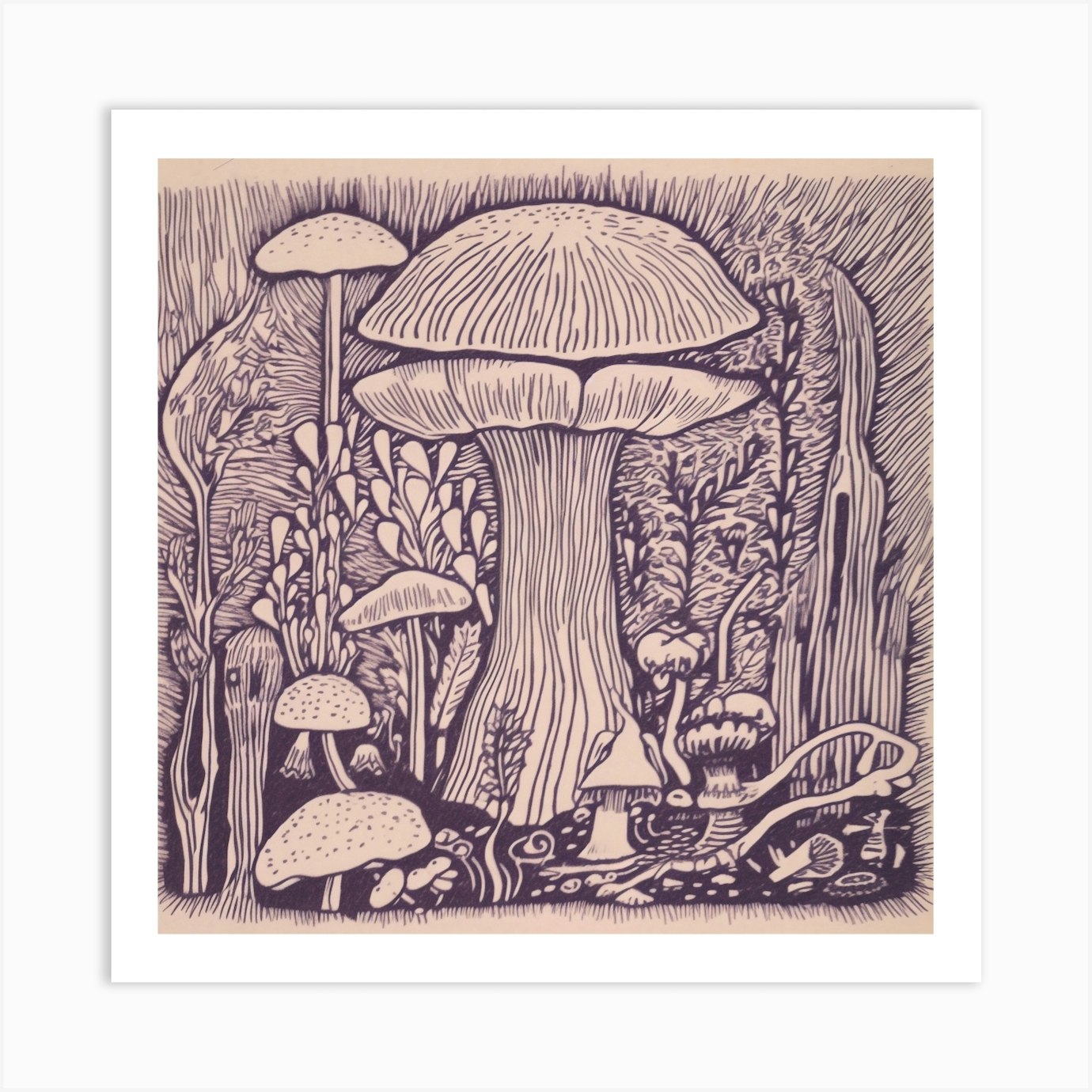 Mushroom Woodcut Purple 11 Art Print by Enchanted Prints - Fy