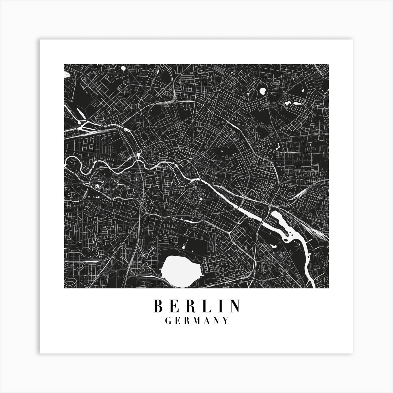 Berlin Germany Minimal Black Mono Street Map Square Art Print by ...