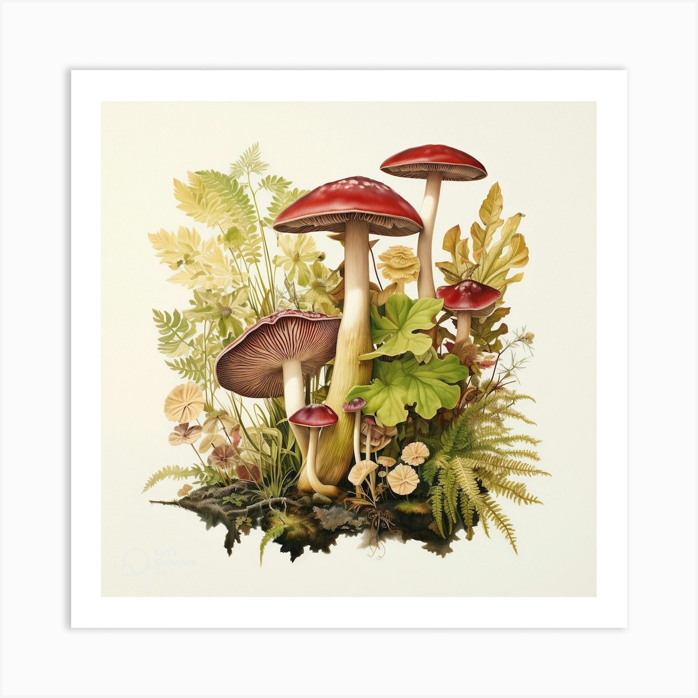 Russulas and heucheras - mushroom art print - mushroom botanical print ...