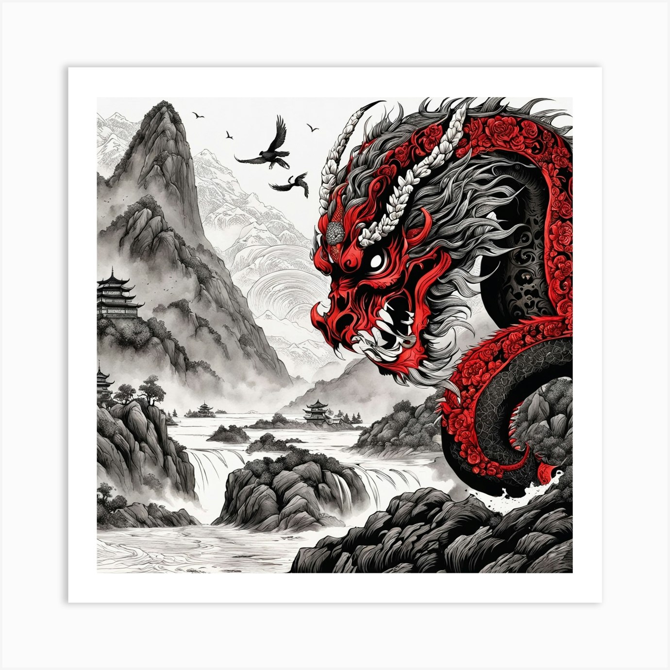 Chinese Dragon Mountain Ink Painting (35) Art Print by 1xMerch - Fy