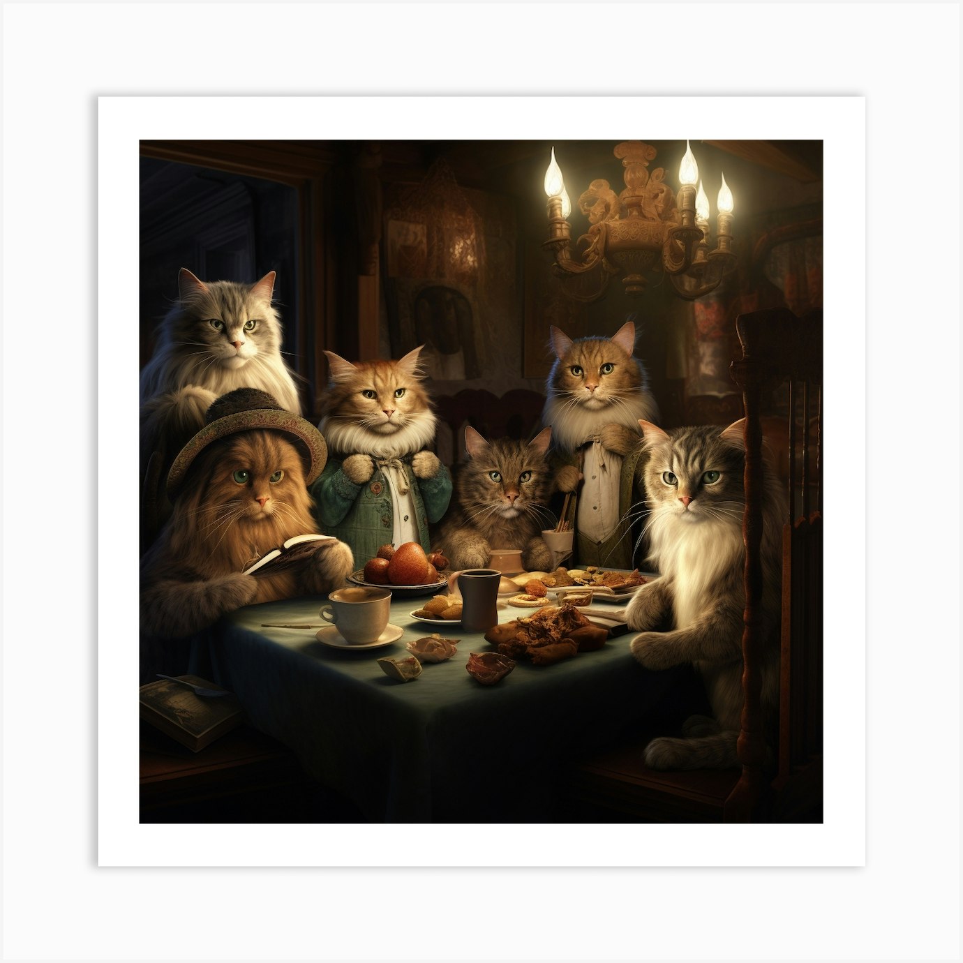 Cat'S Dinner Party Art Print by Amliga Design - Fy