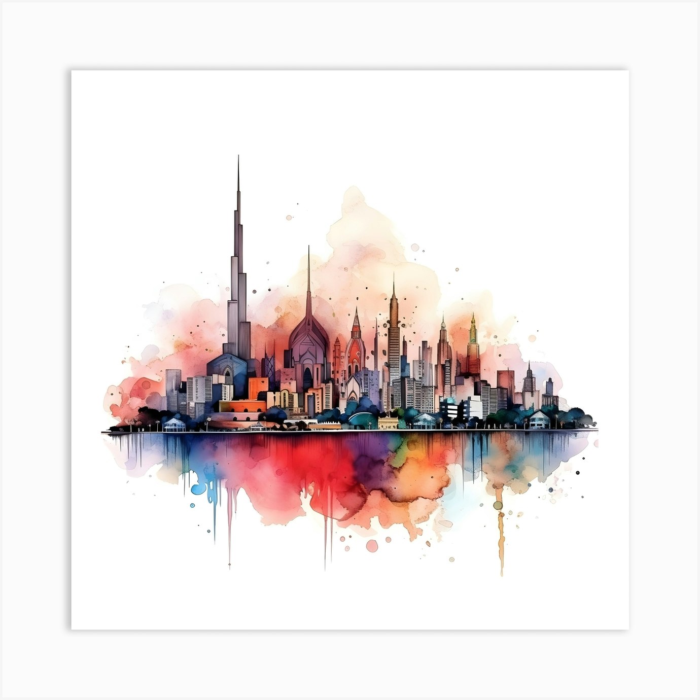 Dubai Skyline Watercolor Painting Art Print by Wall Elegance - Fy