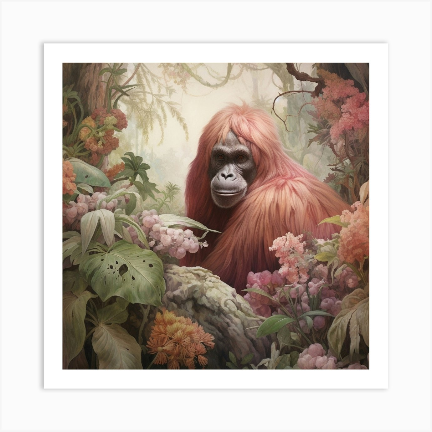 Orangutan 1 Pink Jungle Animal Portrait Art Print by Tropic of Eden - Fy