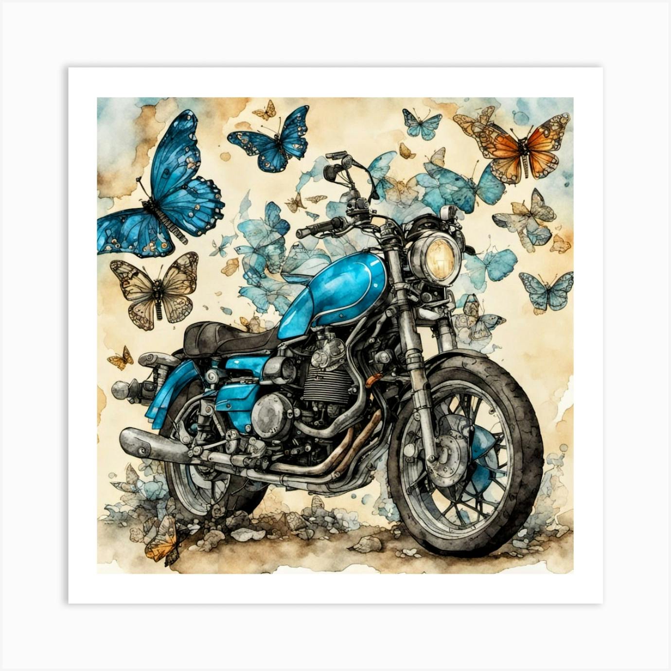 Blue Motorcycle With Butterflies Art Print by Jan Morris Fy