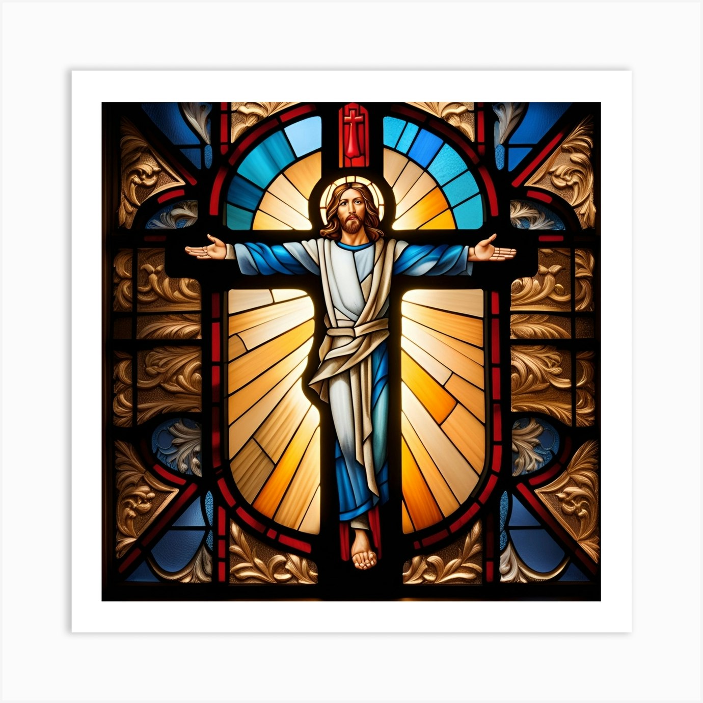 Jesus Christ on cross stained glass window 3 Art Print by Magical Arts