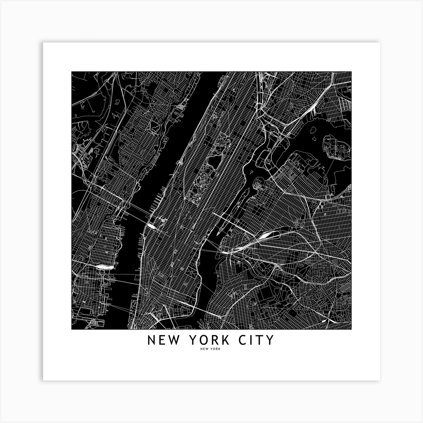 New York City Black And White Map Square Art Print by multipliCITY - Fy