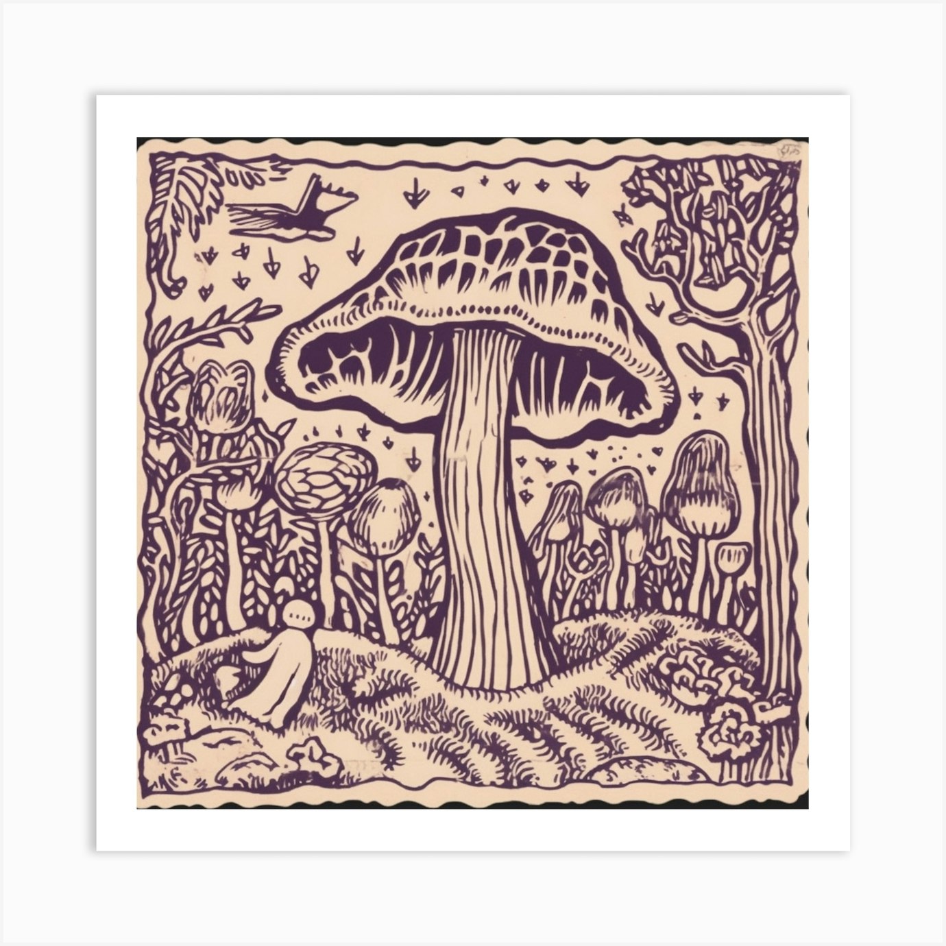 Mushroom Woodcut Purple 8 Art Print by Enchanted Prints - Fy