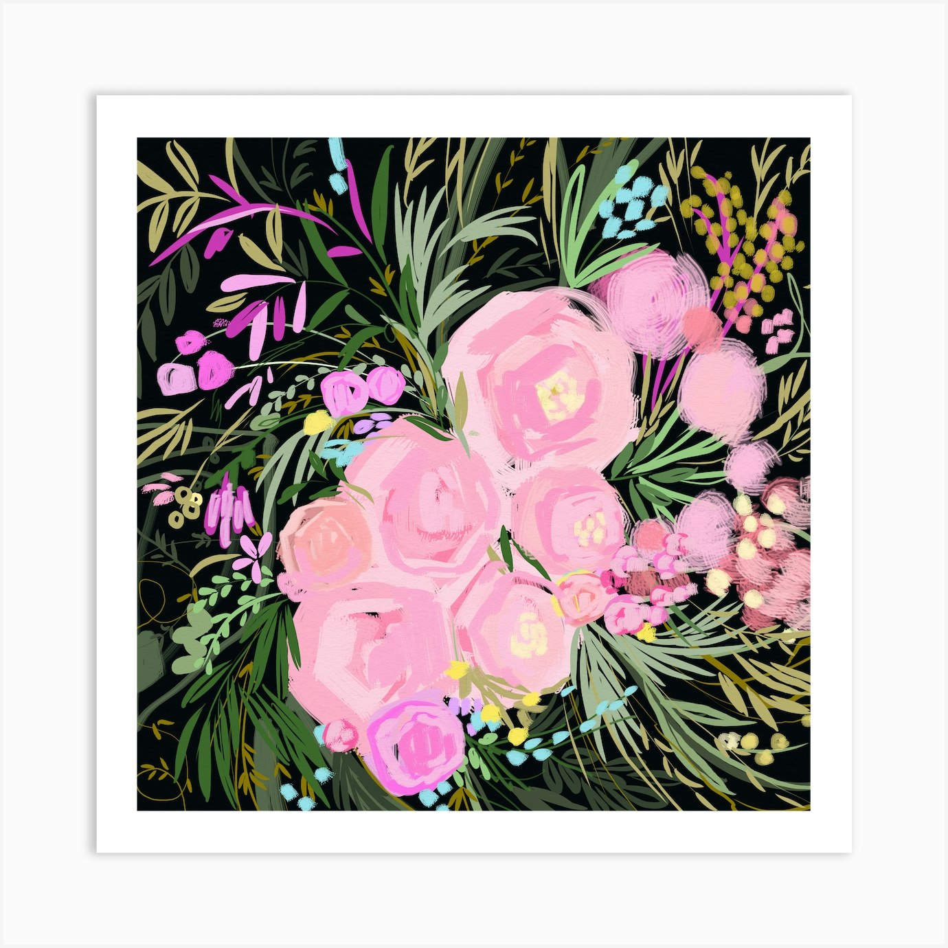 Floral Bouquet loose flowers thick oil painting with leaves and brown