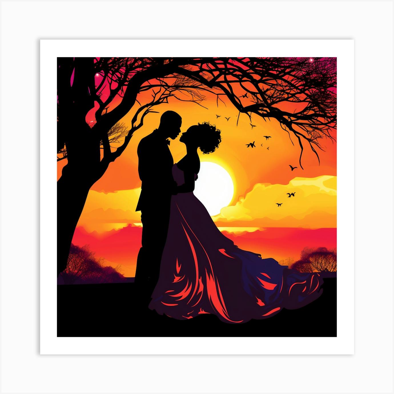 Silhouette Of Bride And Groom At Sunset Art Print By Bella Luna Fy   60240529 F87c 49f4 9c3f 73192bc44231 