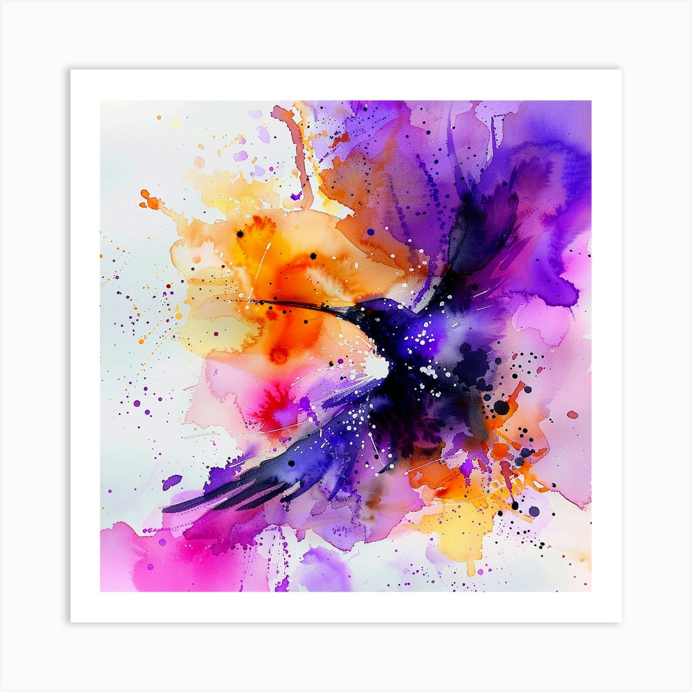 Graphic Hummingbird Watercolour Painting authentic - Red, Pink and Purple