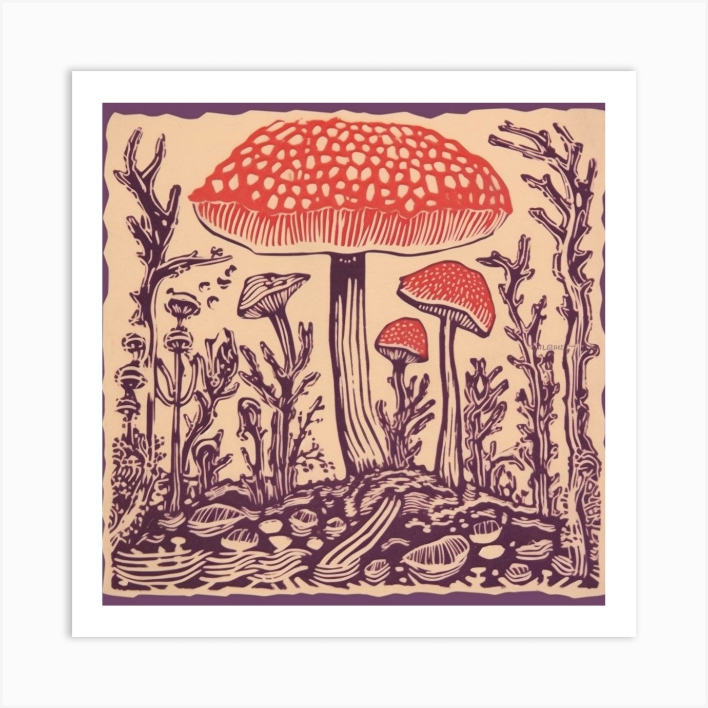 Mushroom Woodcut Purple 9 Art Print by Enchanted Prints - Fy