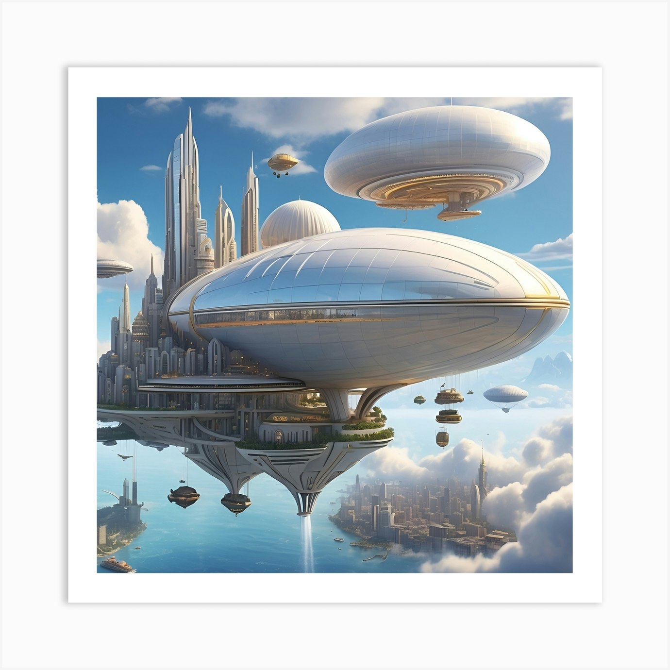 Floating City With Airships Docking At Sky High Art Print By Valuja Fy