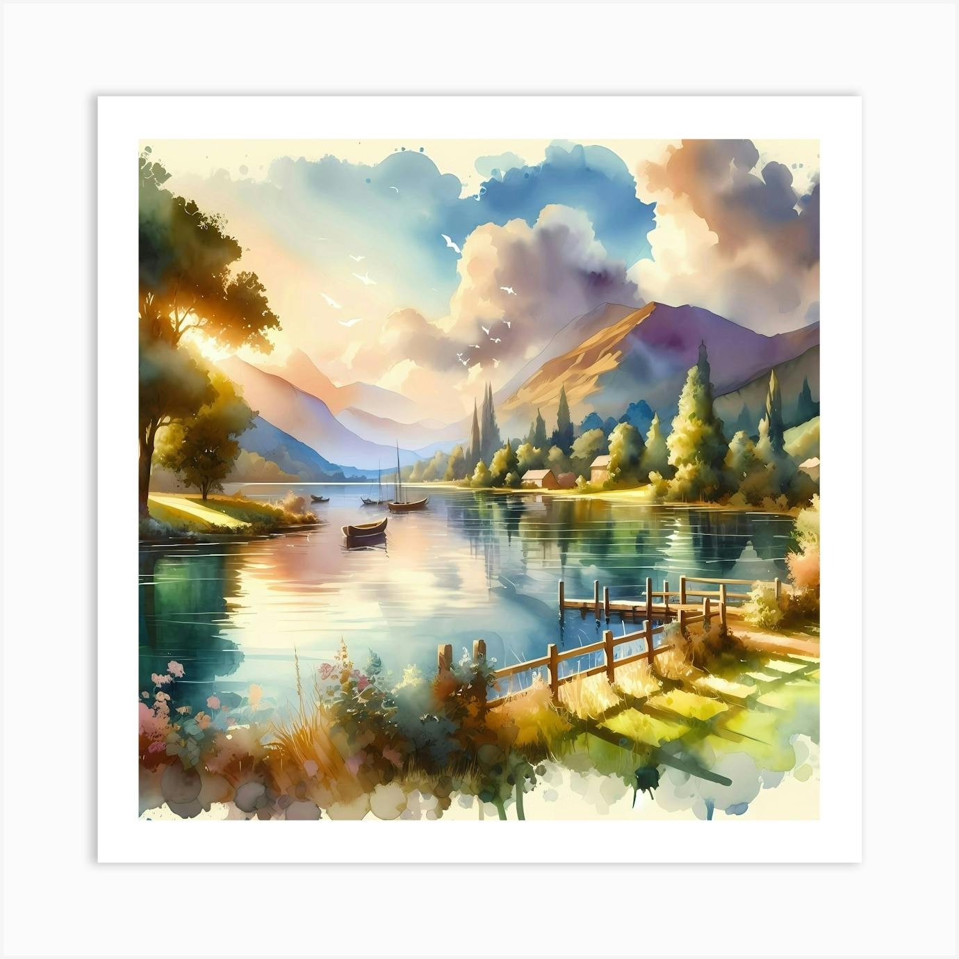 Limited Edition Signed Print of Watercolor Landscape Painting of Mountains sold and Boat