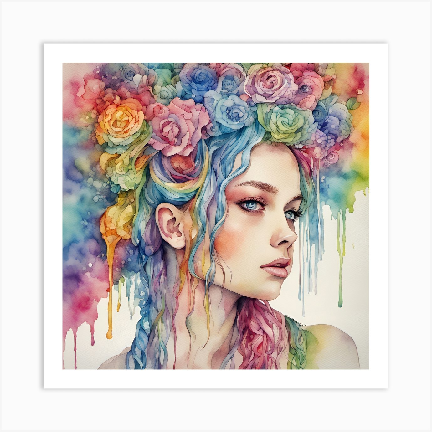 Watercolor Of A Girl With Flowers Art Print by Artistic Master - Fy