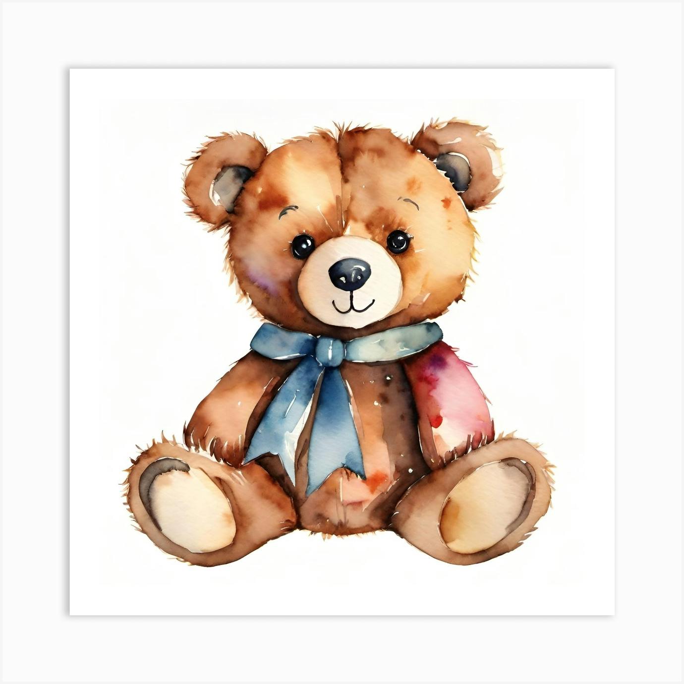 Teddy bear with blue ribbon Art Print