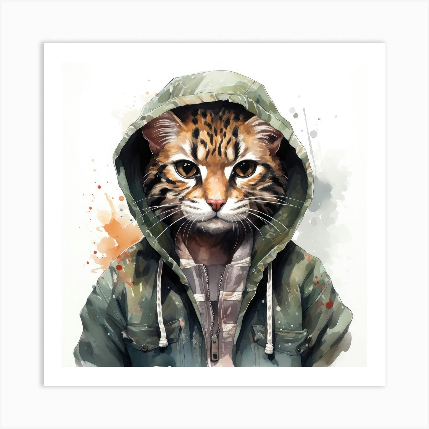 Watercolour Cartoon Ocelot In A Hoodie 2 Art Print by Aloke Design Fy