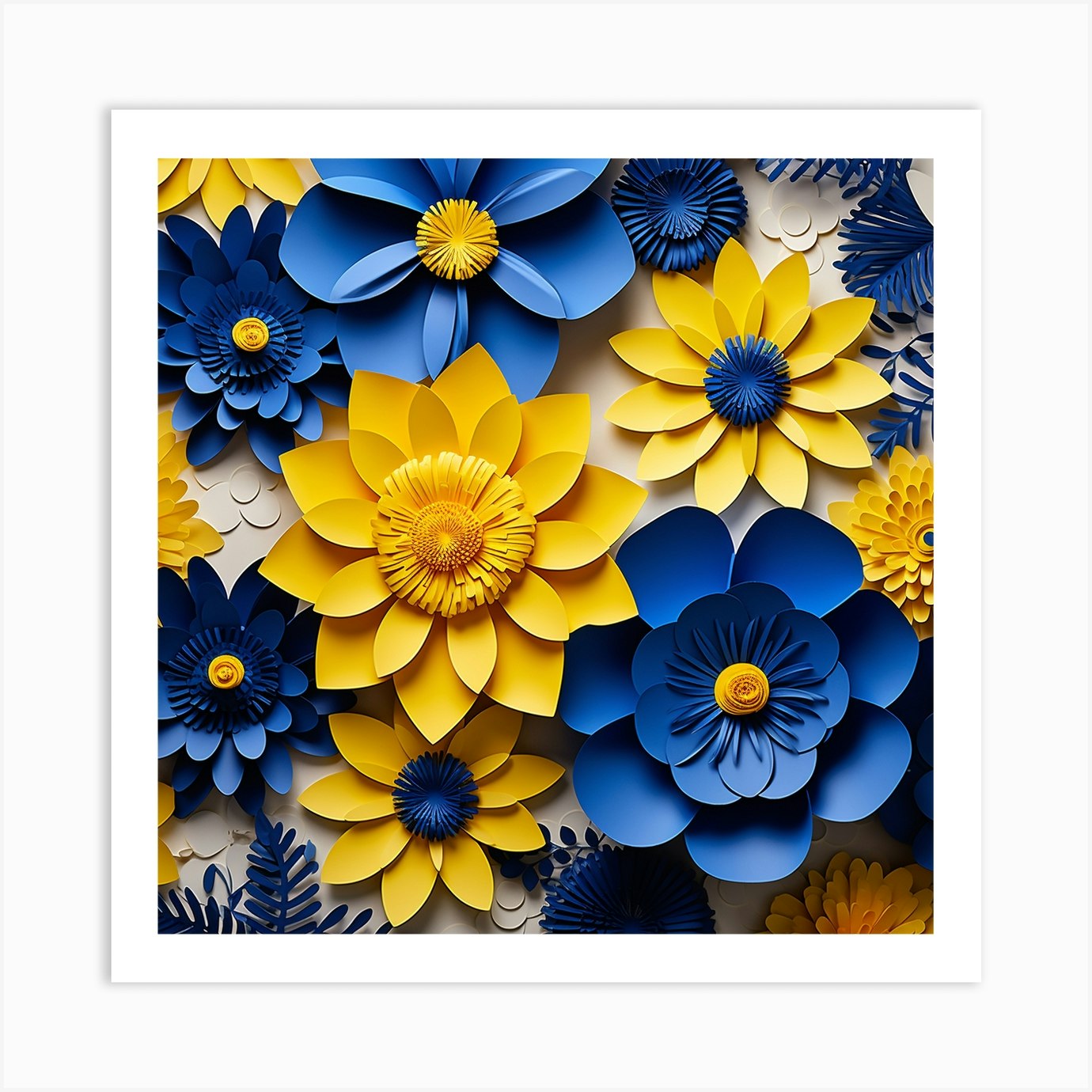 Blue And Yellow Paper Flowers Art Print by Bella Luna Fy
