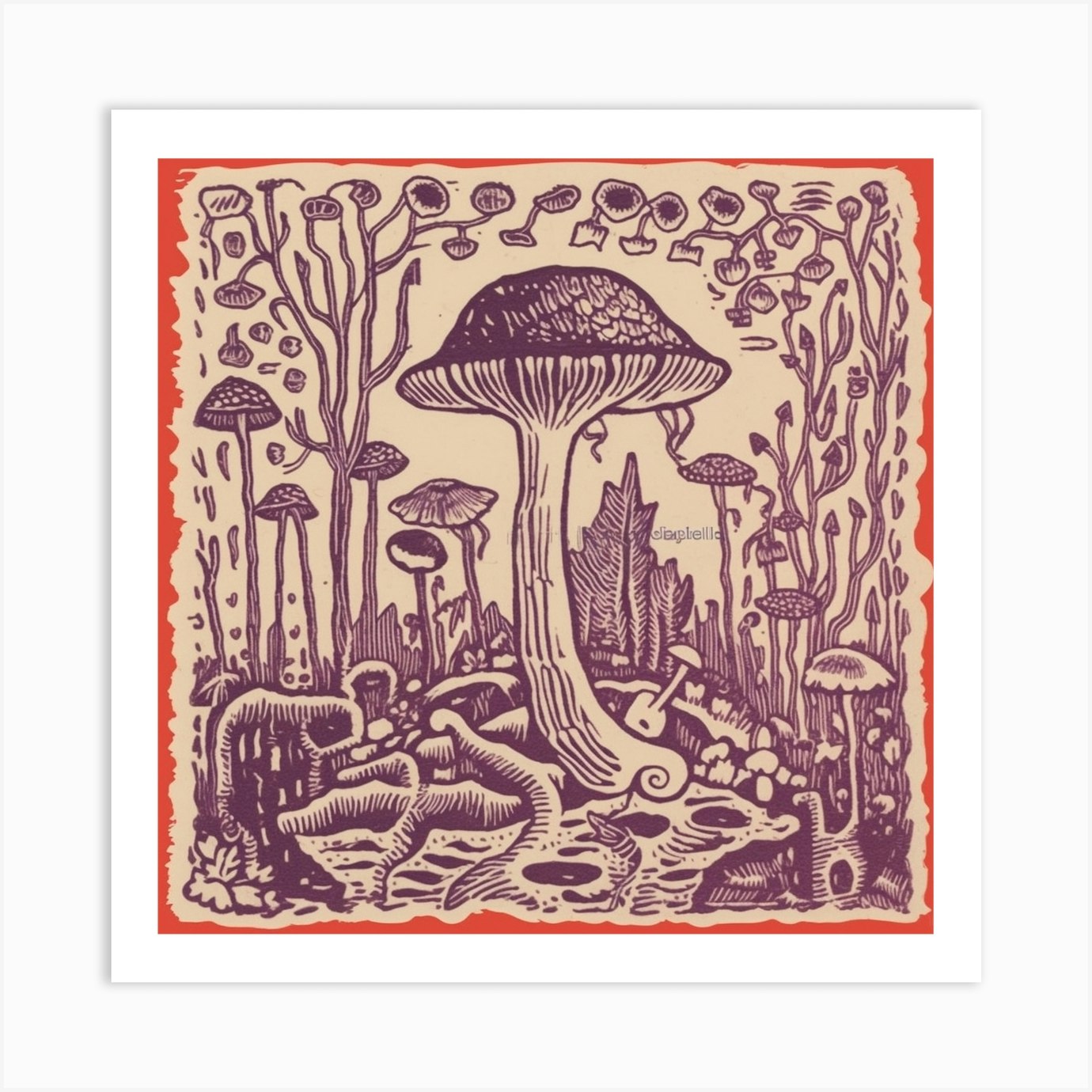 Mushroom Woodcut Purple 6 Art Print by Enchanted Prints - Fy