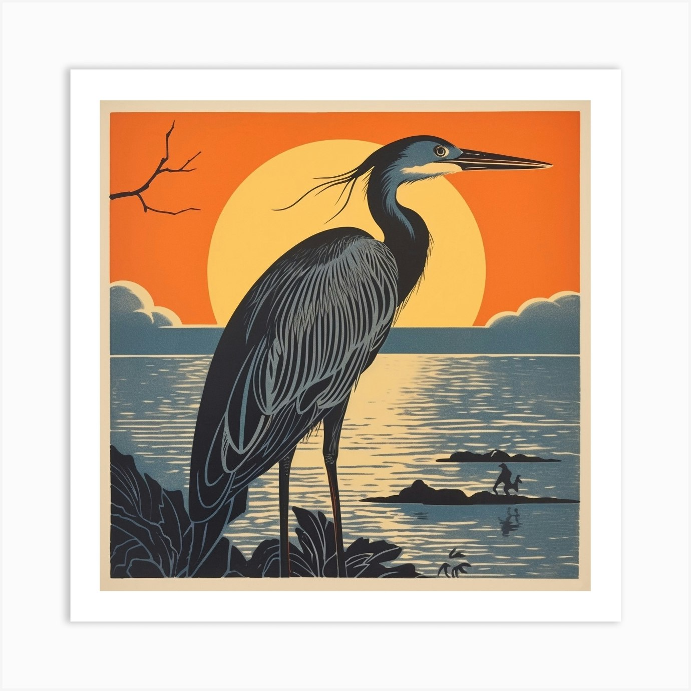 Retro Bird Lithograph Great Blue Heron 3 Art Print by Feathered Muse - Fy