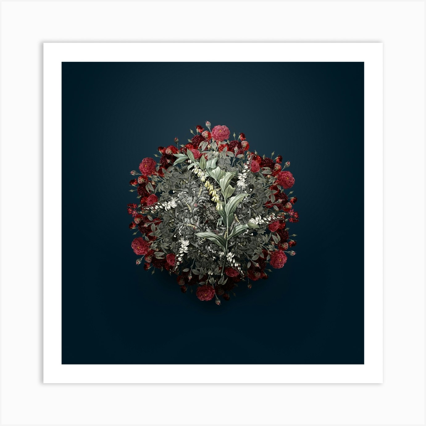 Vintage Solomon's Seal Flower Wreath on Teal Blue n.1866 Art Print by holyrockarts Fy