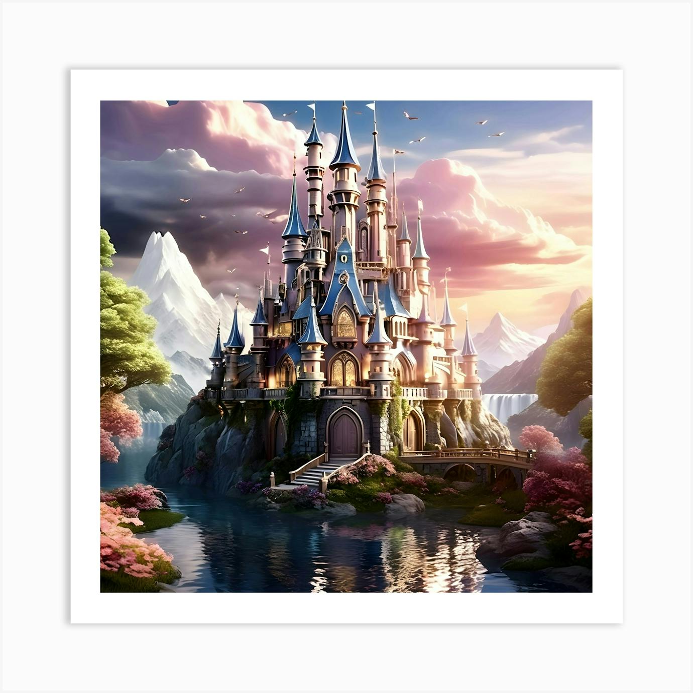 Disneyland Cinderella's Castle Artwork In Plush Greenery Art outlets Deco Style Framed Poster