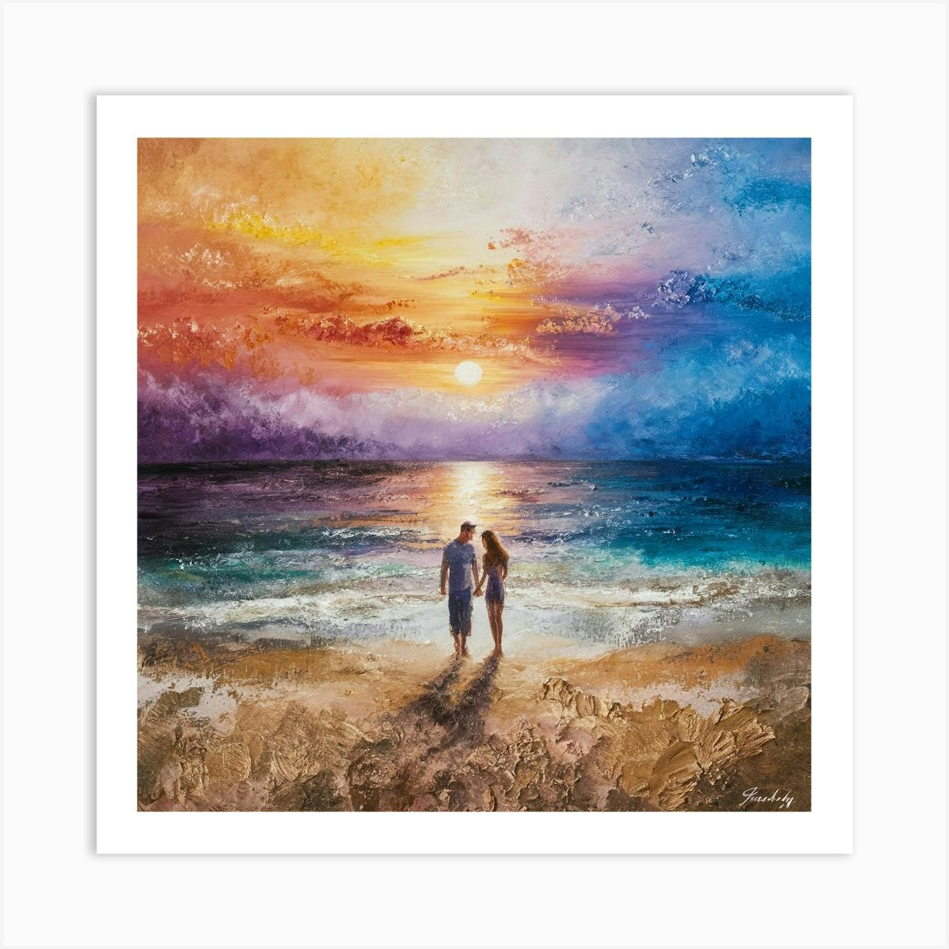 Couple Walking on Beach Path Oil Painting or Print, Sunset Over Ocean, Tropical 2024 Summer Art