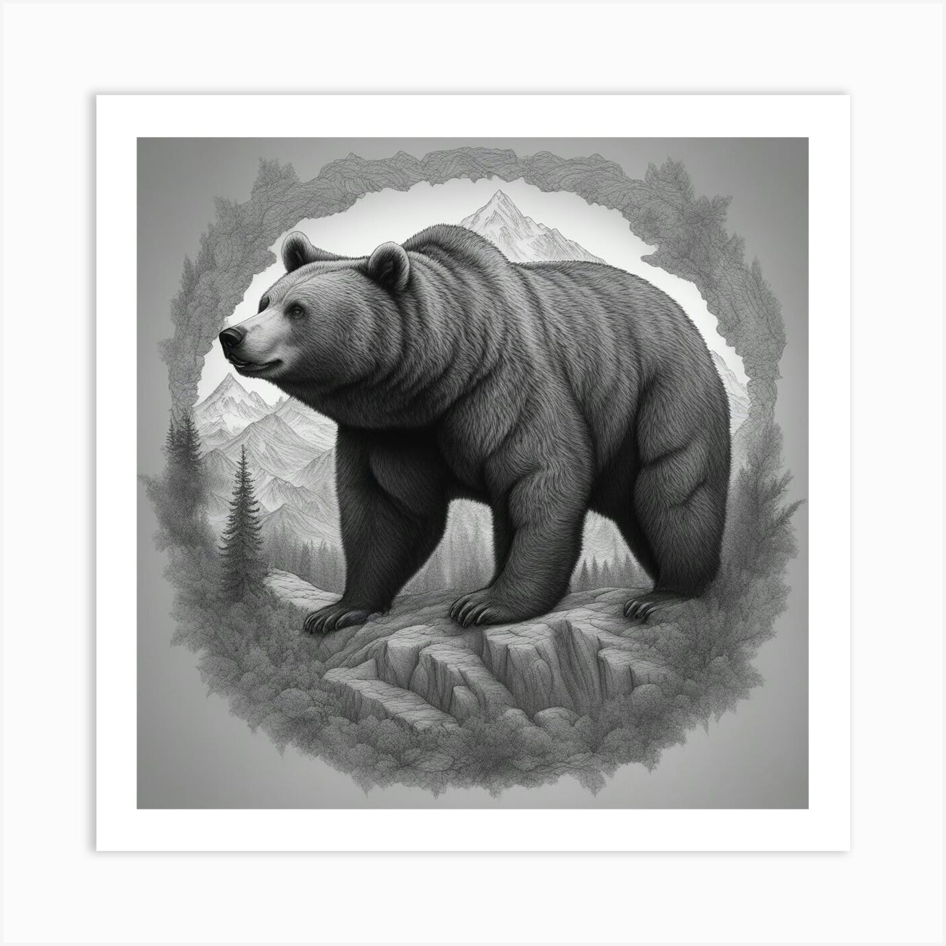 Brown Bear fashion - Grizzly Bear - Bear Art - Black and White - Original- 13