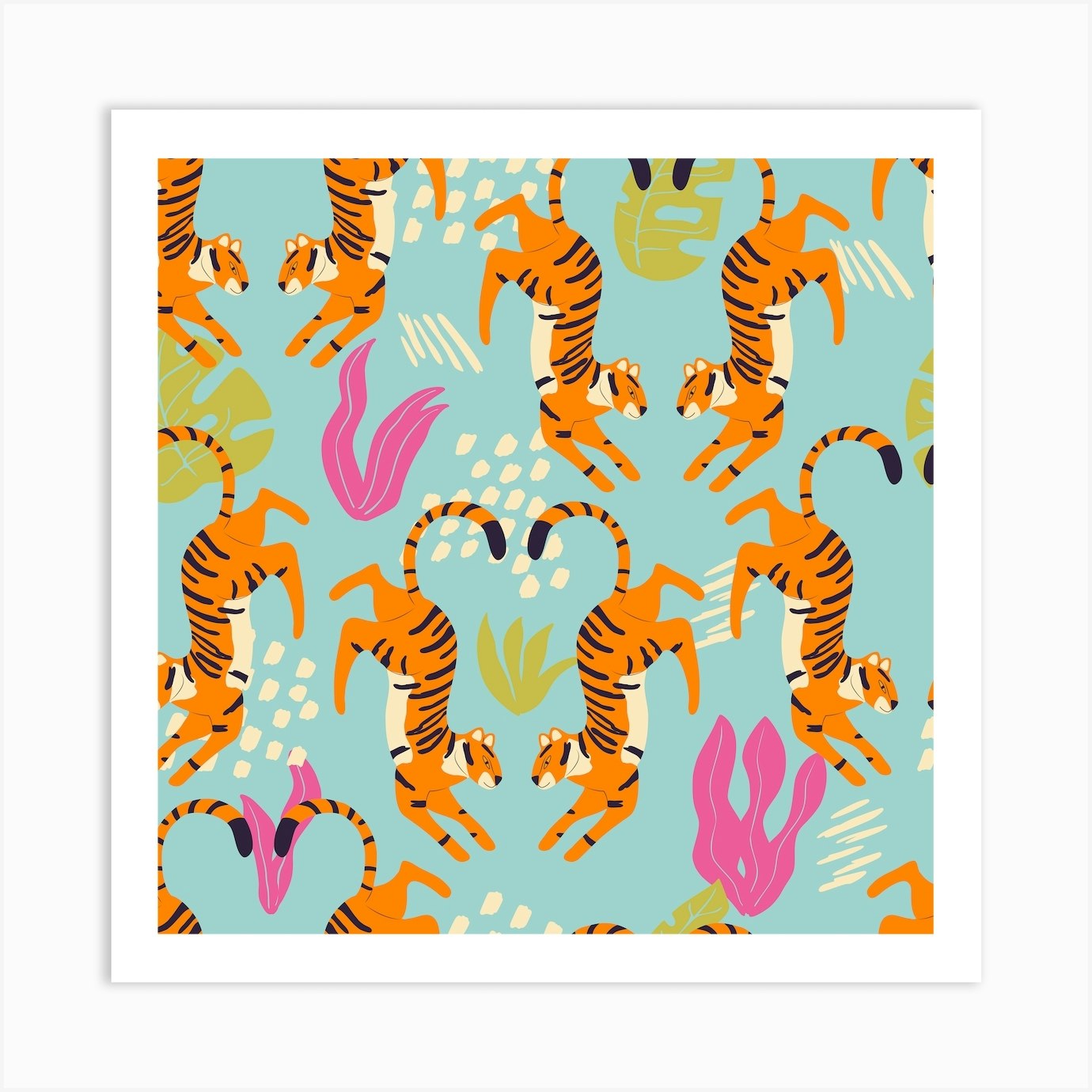 Prancing Tiger Pattern On Blue With Tropical Leaves Square Art Print by ...