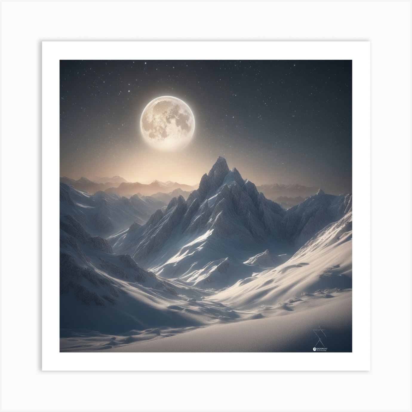 Full Moon Over Snowy Mountains Art Print by Pat4U - Fy