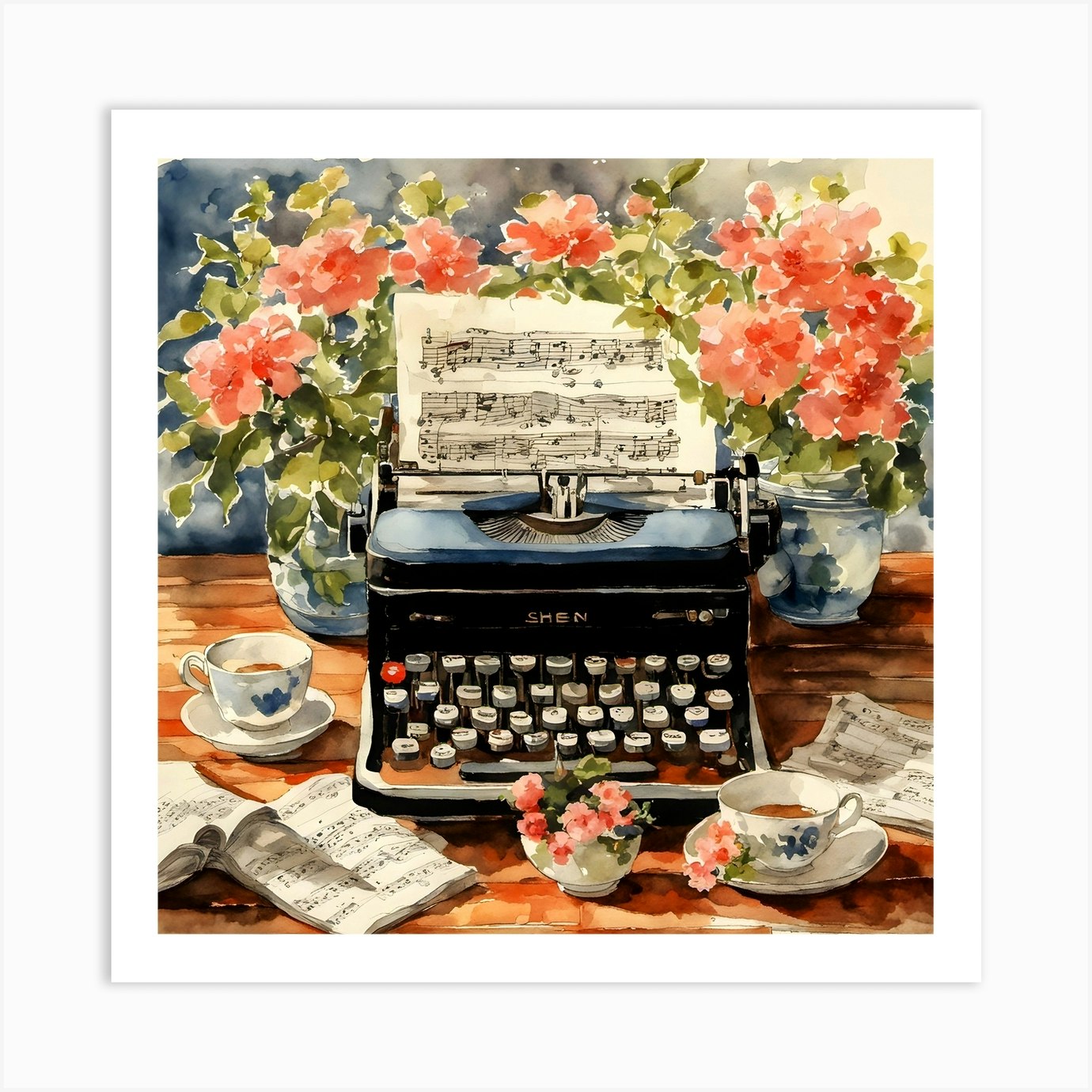 Typewriter And Flowers Art Print by Jan Morris - Fy