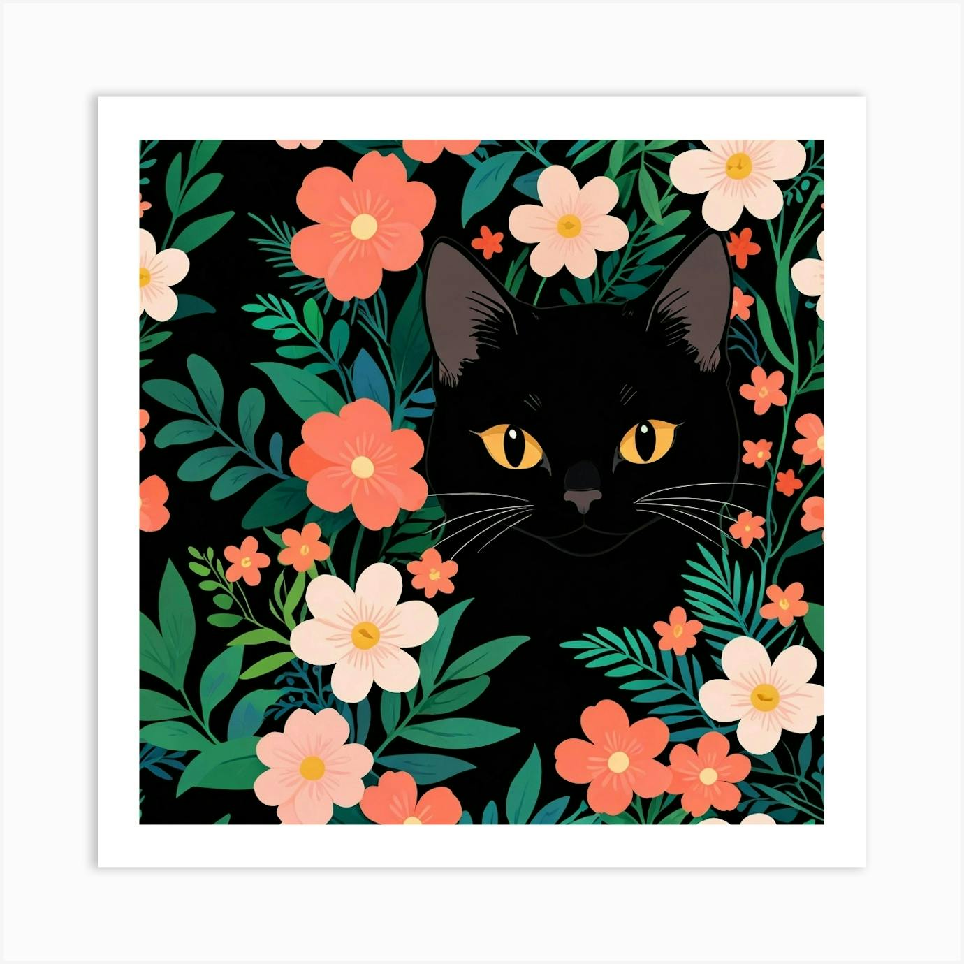 Black Cat Art, Purple Garden - 16 x 16 Giclee, Cat Art, Whimsical, cheapest Cat Decor, Floral Cat, Cat Lovers