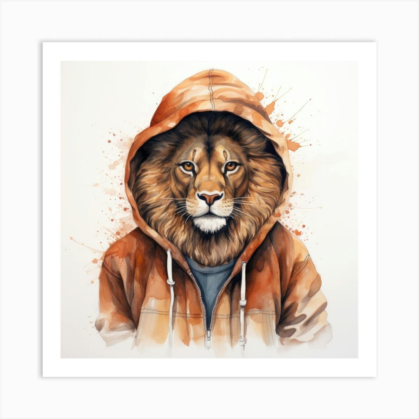 Watercolour Cartoon Lion In A Hoodie 3 Art Print by Aloke Design Fy