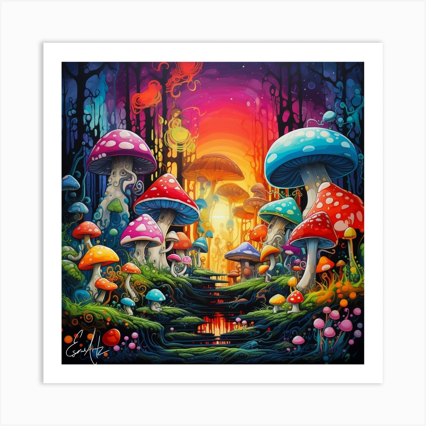 Colorful, Psychedelic, Mushroom Forest Art Print by EsmiArtz - Fy