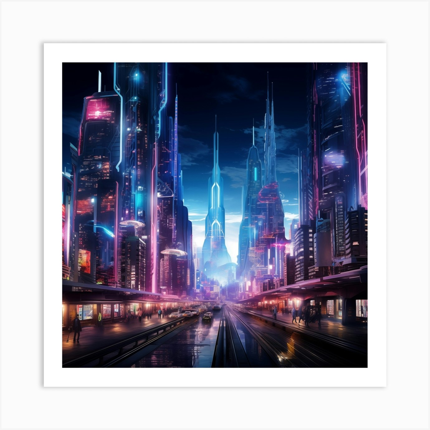 The Metropolis Of Tomorrow Neon Lit Skyscrapers Art Print by ArtiArt - Fy