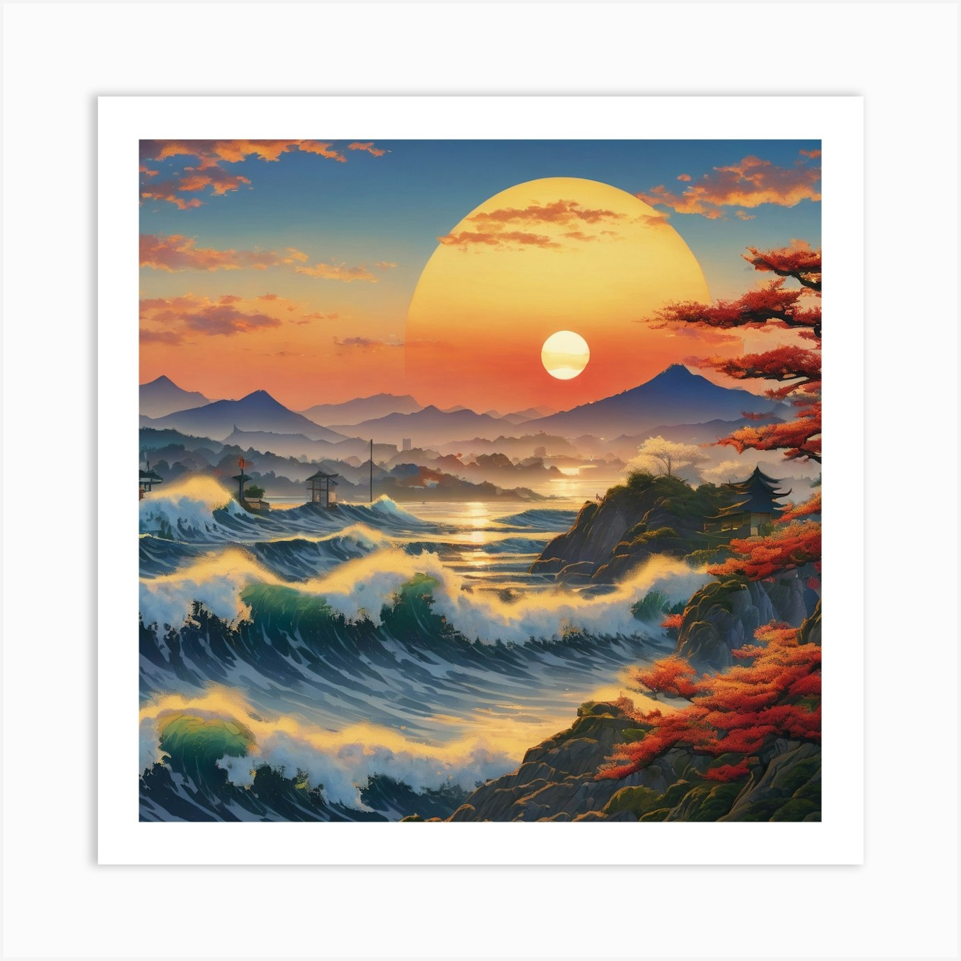 Big Wave Sunset by Hokusai Art Print by Nazare - Fy