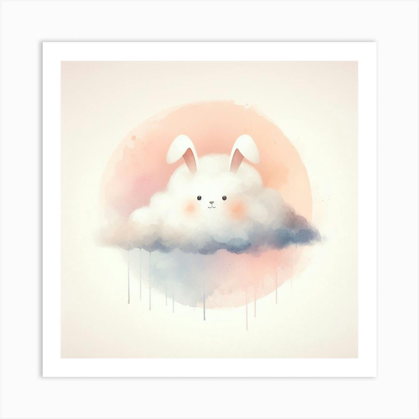 Cute Bunny on Cloud Kids factory Room Wallpaper, Pastel Color Nursery Wall Mural, Watercolor Animal Wall Art