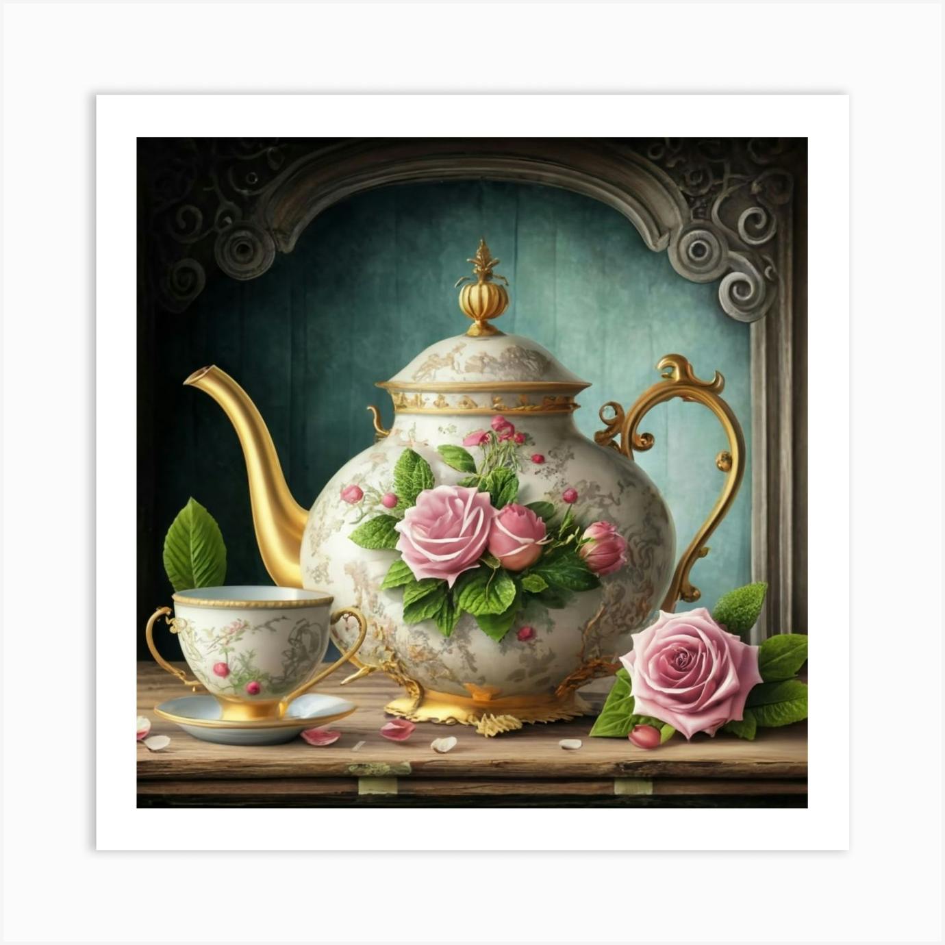 Vintage Look outlet Shabby Chic Style Pink Roses Teapot Oil Painting on Canvas