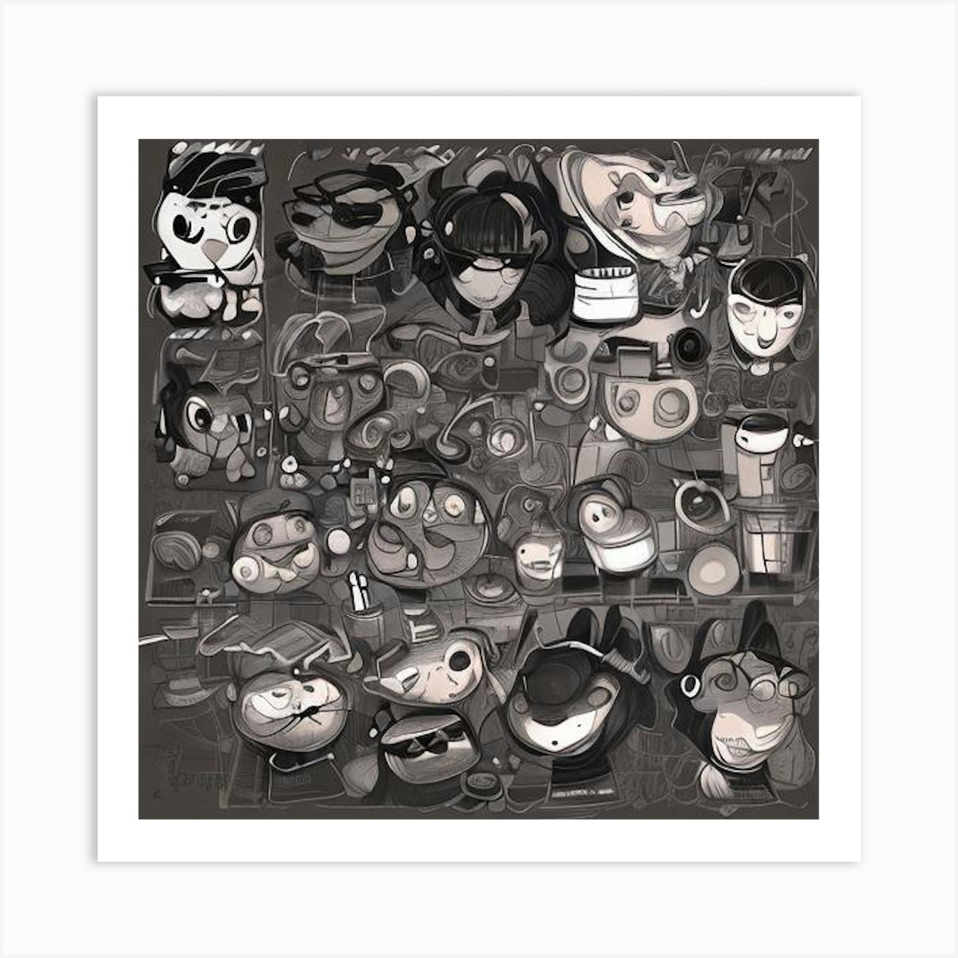 Black And White Drawing Of Cartoon Characters Art Print by Roxie's