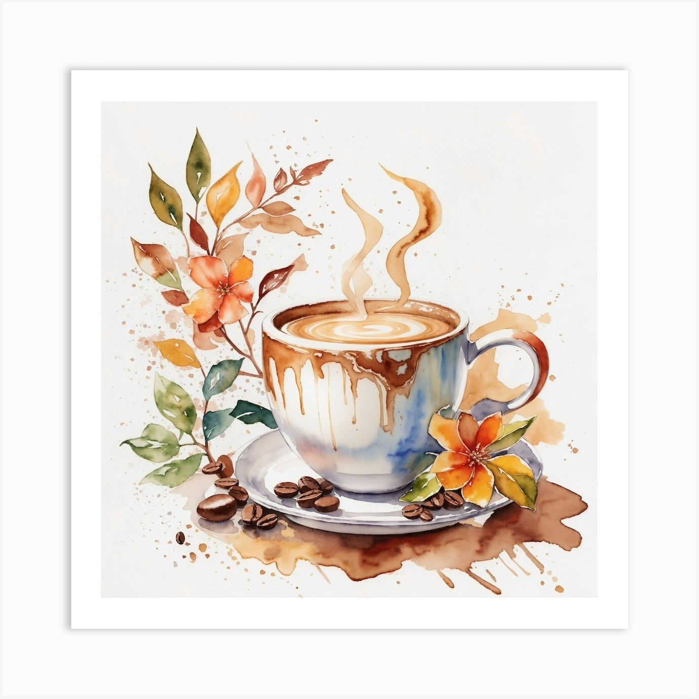 Coffee And Flowers Watercolor Painting Art Print by THE BOX - Fy