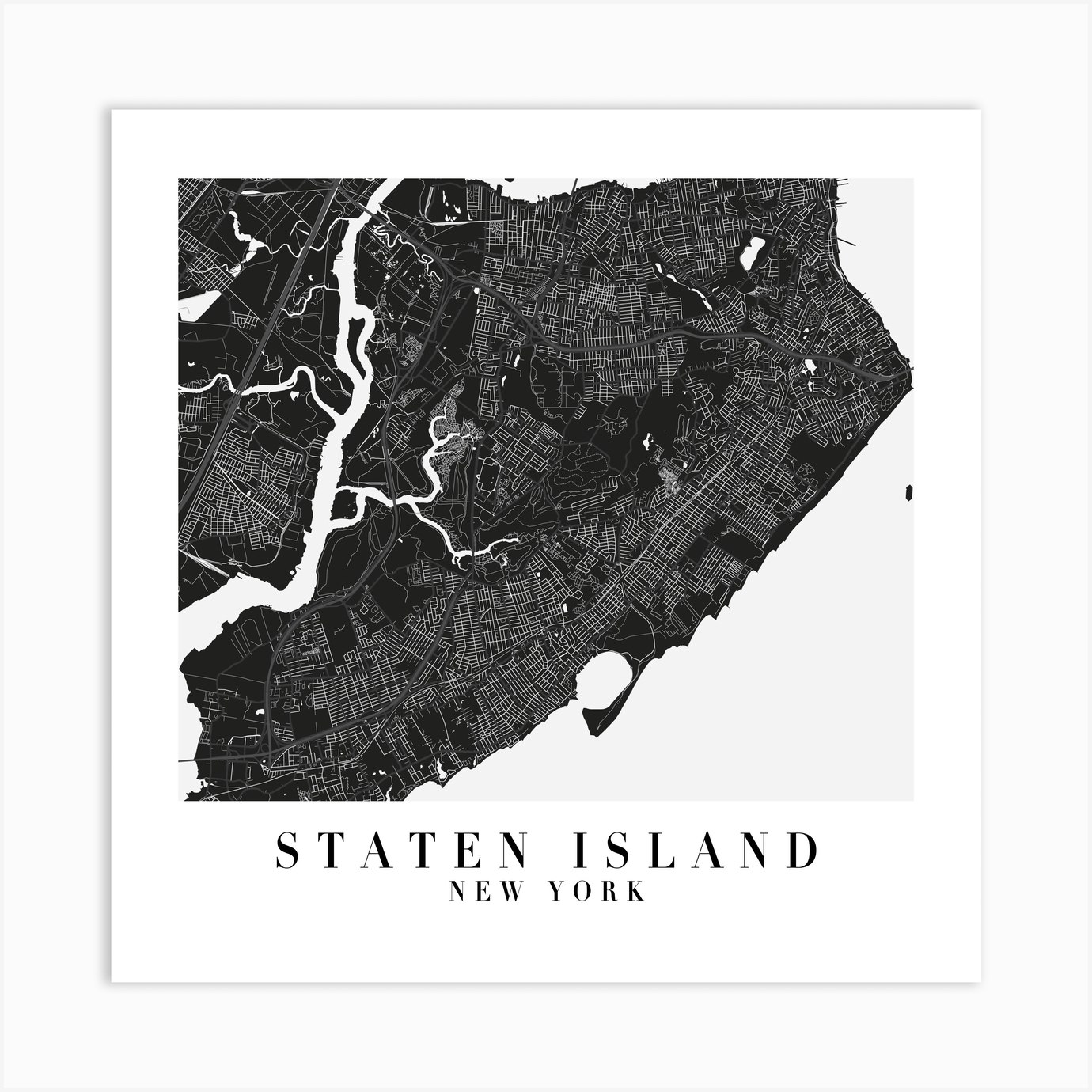 Staten Island New York Minimal Black Mono Street Map Square Art Print ...