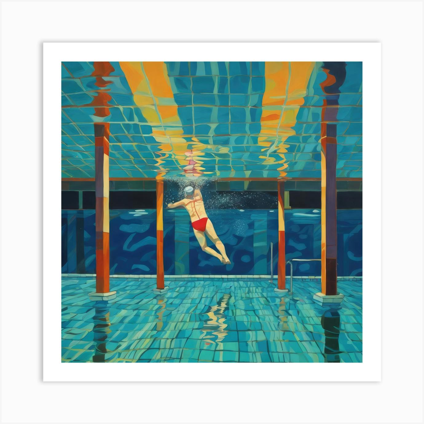 In Style of David Hockney. Swimming Pool at Night Series 3 Art Print by  David Miller - Fy