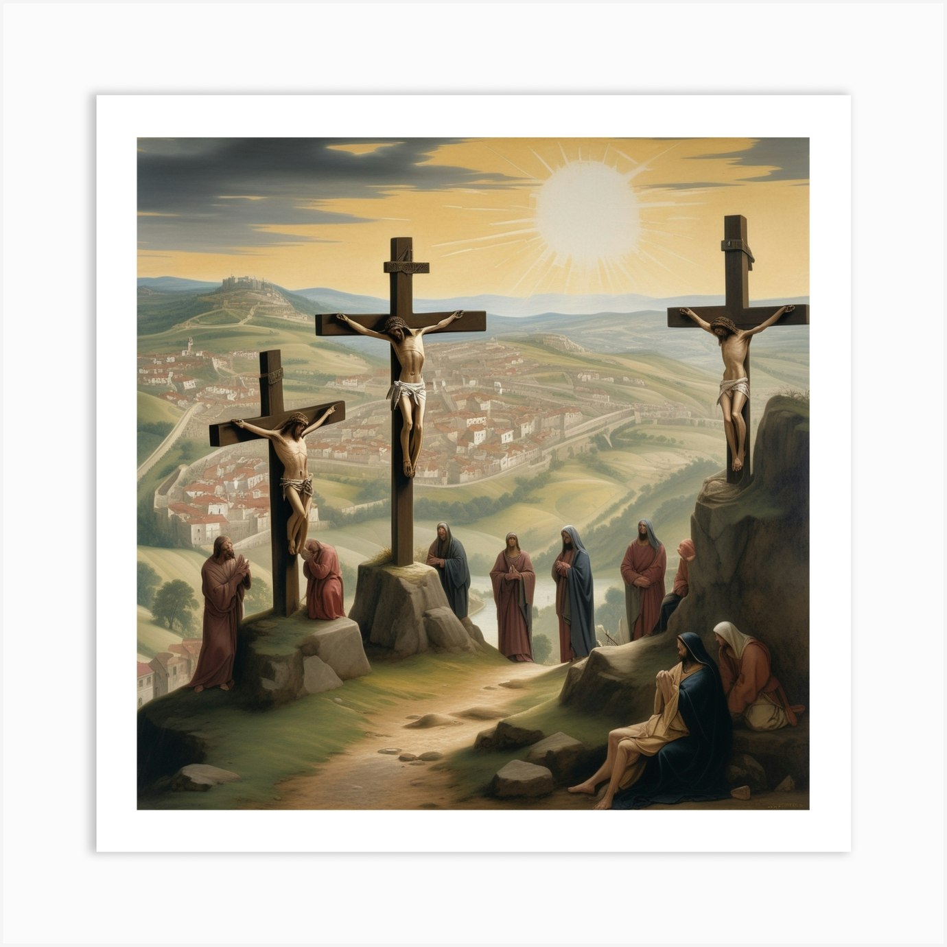 An Expansive Scene Portraying The Crucifixion Of Jesus Marked By A 