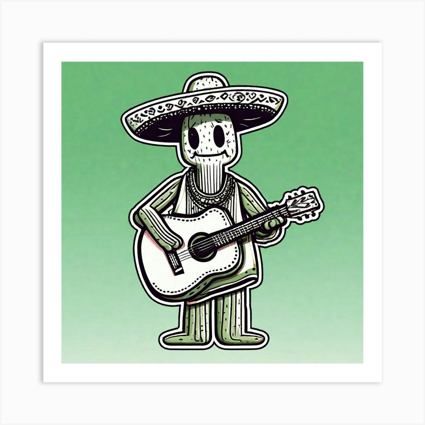 Cactus Wearing Mexican Sombrero And Poncho And Guitar Sticker 2d Cute Fantasy Dreamy Vector Ill 59 Art Print