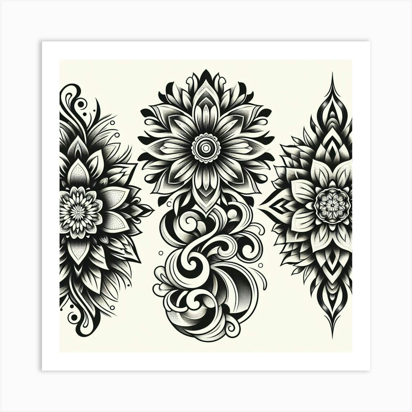 Tattoo Flash Mandala Flower Painting Print 8x8 Art store On Canvas